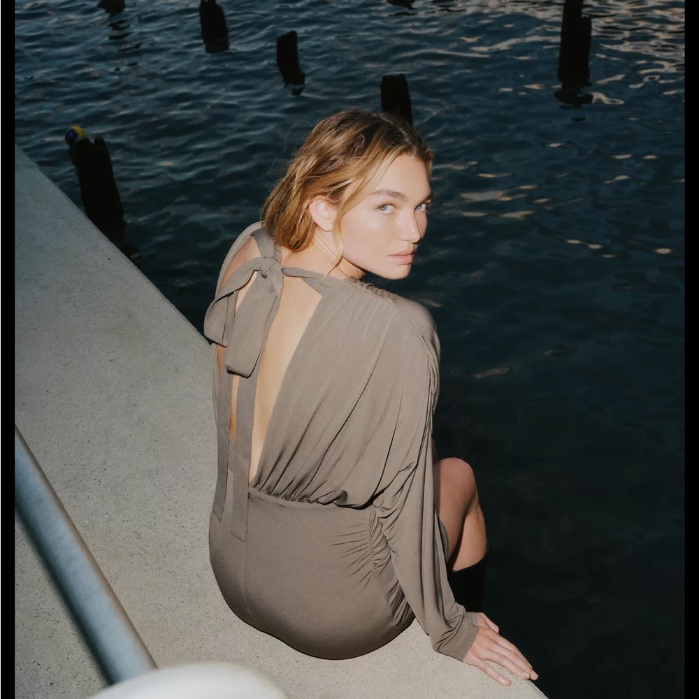 Zara limited edition voluminous Taupe Long-Sleeve Dress with back tie - Picture 13 of 14